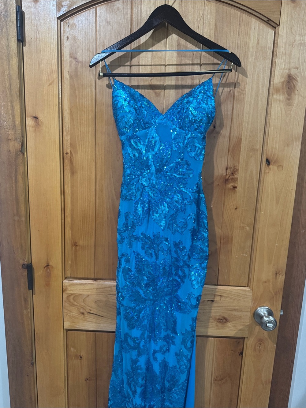B Darlin Teal Sequin Spaghetti-Strap Prom Gown